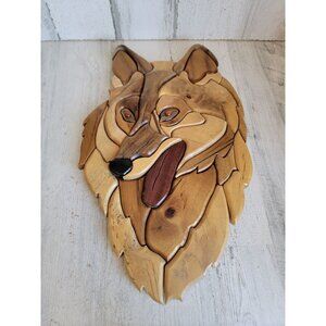 Wood 3D intarsia dog collie‎ mosaic wolf face art decor unique pet